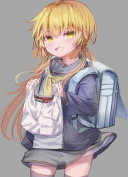 Rule 34 | 1girl, backpack, bag, black sailor collar, black skirt, black thighhighs, blonde hair, blue jacket, commentary request, cowboy shot, grey background, groceries, highres, jacket, kantai collection, logiclr, long hair, looking at viewer, neckerchief, open clothes, open jacket, plastic bag, randoseru, sailor collar, satsuki (kancolle), satsuki kai ni (kancolle), simple background, skirt, solo, thighhighs, twintails, yellow eyes, yellow neckerchief