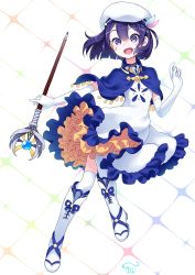 Rule 34 | 1girl, black hair, blue capelet, boots, bubble skirt, capelet, dress, elbow gloves, full body, gloves, hair ornament, hat, looking at viewer, murasakijazi, original, purple eyes, short hair, simple background, skirt, solo, thighhighs, wand, watermark, white dress, white footwear, white gloves, white hat, white thighhighs