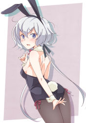Rule 34 | 1girl, ahoge, animal ears, ass, backless leotard, black leotard, black ribbon, blue eyes, blush, breasts, clenched hand, detached collar, drop shadow, e20, fake animal ears, from behind, grey hair, hair ribbon, hand up, konno junko, leotard, long hair, looking at viewer, looking back, open mouth, outside border, pantyhose, playboy bunny, rabbit ears, rabbit tail, red ribbon, ribbon, sideboob, small breasts, solo, tail, very long hair, wrist cuffs, zombie land saga