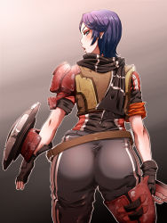 Rule 34 | 1girl, armor, ass, asymmetrical legwear, athena (borderlands), belt, blue eyes, blush, boots, borderlands (series), borderlands the presequel, fingerless gloves, from behind, gloves, gun, highres, kanta (k n t r o), looking at viewer, looking back, mismatched legwear, pants, parted lips, purple eyes, purple hair, scarf, shield, short hair, solo, thigh boots, thighhighs, turning head, weapon