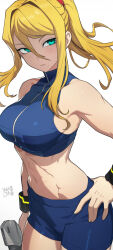 Rule 34 | 1girl, abs, blonde hair, blue sports bra, breasts, commentary, green eyes, gun, hata4564, highres, holding, holding gun, holding weapon, large breasts, long hair, looking at viewer, metroid, metroid fusion, midriff, mole, mole under mouth, navel, nintendo, ponytail, samus aran, shorts, simple background, skin tight, solo, sports bra, stomach, weapon