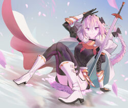 1boy arm_support arm_up astolfo_(fate) black_bow black_dress black_garter_straps black_thighhighs boots bow braid cape cherry_blossoms closed_mouth dress eyelashes falling_petals fang fate/apocrypha fate/grand_order fate_(series) full_body fur-trimmed_cape fur_trim garter_straps gauntlets gleam godekasu gorget hair_bow hair_intakes highres long_hair male_focus multicolored_hair on_floor petals pink_hair purple_eyes single_braid sitting skin_fang smile solo streaked_hair sword thighhighs trap two-sided_cape two-sided_fabric two-tone_hair weapon white_cape white_footwear white_hair