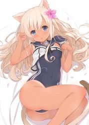 Rule 34 | 1girl, animal ear fluff, animal ears, bell, blue sailor collar, breasts, cat ears, cat tail, clothes lift, commentary request, covered erect nipples, crop top, dark-skinned female, dark skin, flower, hair between eyes, hair flower, hair ornament, hands up, highres, jingle bell, kagerou (shadowmage), kantai collection, legs together, long hair, looking at viewer, lying, neck bell, on back, one-piece swimsuit, one-piece tan, open mouth, paw pose, ro-500 (kancolle), sailor collar, school swimsuit, school uniform, serafuku, shirt lift, sleeveless, small breasts, solo, swimsuit, swimsuit under clothes, tail, tan, tanline