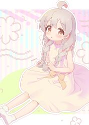 Rule 34 | 1girl, :o, absurdres, ahoge, bare arms, bare legs, braid, brown eyes, commentary, dress, genderswap, genderswap (mtf), grey hair, hair between eyes, highres, light blush, long hair, looking at viewer, multicolored hair, no shoes, onii-chan wa oshimai!, open mouth, outline, oyama mahiro, pink hair, short sleeves, sitting, socks, solo, streaked hair, tokoshibyra, twin braids, two-tone hair, white outline
