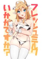 Rule 34 | 1girl, animal ears, animal print, blonde hair, blush, breasts, cow ears, cow horns, cow print, earrings, fake animal ears, fake horns, genderswap, genderswap (mtf), highres, horns, jewelry, link, looking at viewer, medium breasts, nintendo, open mouth, pointy ears, solo, the legend of zelda, the legend of zelda: breath of the wild, thighhighs, translation request, ttanuu.