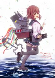 Rule 34 | 1girl, absurdres, anchor, black footwear, black skirt, black thighhighs, brown eyes, brown hair, cannon, chain, fang, from side, full body, hair ornament, hairclip, highres, huge filesize, ikazuchi (kancolle), kantai collection, loafers, long sleeves, neckerchief, one eye closed, pleated skirt, red neckerchief, rigging, school uniform, serafuku, shirt, shoes, short hair, skirt, solo, thighhighs, torpedo launcher, torpedo tubes, turret, unagiman, walking, walking on liquid, white shirt