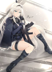 Rule 34 | 1girl, absurdres, an-94, an-94 (girls&#039; frontline), assault rifle, black gloves, blonde hair, blue eyes, boots, braid, breasts, closed mouth, coat, dated, floating hair, girls&#039; frontline, gloves, gun, hairband, highres, holding, holding gun, holding weapon, knee boots, knee up, long hair, long sleeves, looking at viewer, mask, petals, rifle, short shorts, shorts, sidelocks, signature, silver hair, sitting, tactical clothes, thigh strap, thighs, walkie-talkie, weapon, white shorts, wind, zhishi ge fangzhang