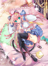 Rule 34 | 1girl, animal ears, aqua eyes, bad id, bad pixiv id, bed, bell, black thighhighs, bow, bra, bracelet, breasts, cat ears, cat tail, clothes between thighs, comb, hairband, highres, jewelry, jingle bell, large breasts, long hair, necklace, off shoulder, original, pearl necklace, pillow fight, pink bra, pink eyes, school uniform, serafuku, shisaki tayu, skirt, solo, tail, thighhighs, underwear