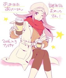 Rule 34 | 1girl, blush, coat, coffee cup, cup, disposable cup, hat, jun&#039;you (kancolle), kantai collection, karatachi (mitoudon), leggings, long hair, looking at viewer, offering drink, one eye closed, purple eyes, purple hair, scarf, signature, solo, spiked hair, star (symbol), translation request, white background