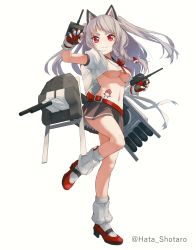 Rule 34 | 1girl, :3, animal ears, azur lane, bad id, bad pixiv id, belt, belt buckle, braid, breasts, buckle, cannon, claw pose, crop top, fake animal ears, fingerless gloves, fingernails, full body, gloves, grey hair, hair ornament, hara shoutarou, heart, heart hair ornament, highres, leg up, long hair, looking at viewer, loose socks, machinery, medium breasts, midriff, miniskirt, multicolored nails, nail polish, navel, puffy short sleeves, puffy sleeves, red eyes, red footwear, red neckwear, school uniform, serafuku, shirt, shoes, short sleeves, simple background, skirt, smile, socks, solo, standing, standing on one leg, stomach, tattoo, turret, twitter username, two side up, underboob, v-shaped eyebrows, white background, white legwear, yuudachi (azur lane)