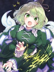Rule 34 | 1girl, akizuki haruhi, black hat, blush, breasts, commentary request, dress, frilled sleeves, frills, ghost tail, green dress, green eyes, green hair, green nails, hat, large breasts, lightning, long sleeves, looking at viewer, nail polish, night, night sky, open mouth, short hair, sky, soga no tojiko, solo, star (sky), starry sky, surprised, tate eboshi, touhou, wide sleeves