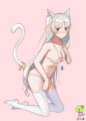 Rule 34 | alternate costume, animal ears, artia, artia (artist), artist name, bikini, blush, breasts, cat ears, cat girl, cat tail, earrings, food, gold earrings, grey hair, hair ornament, hand on own chest, highres, hololive, hololive china, hoop earrings, jewelry, large breasts, leaf hair ornament, long hair, micro bikini, mole, mole on breast, mole on shoulder, nail polish, necklace, pink background, popsicle, red eyes, signature, simple background, single earring, swimsuit, tail, tail raised, thighhighs, thighhighs pull, virtual youtuber, white legwear