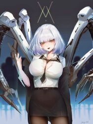 Rule 34 | 1girl, belt, black coat, black lips, black skirt, blue background, bra visible through clothes, breasts, claw (weapon), cleavage, clothes pull, coat, girls&#039; frontline, highres, huge claws, jacket, jacket pull, large breasts, long sleeves, looking at viewer, mechanical arms, medium hair, morridow (girls&#039; frontline), necktie, office lady, open clothes, open coat, open mouth, open robe, paradeus, robe, shirt, skirt, solo, thighs, weapon, white hair, white shirt, yellow eyes, yuiga nao