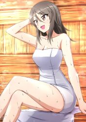 Rule 34 | 1girl, bare shoulders, breasts, brown eyes, brown hair, commentary, crossed legs, girls und panzer, hand in own hair, highres, long hair, looking to the side, medium breasts, mika (girls und panzer), naked towel, no headwear, omachi (slabco), open mouth, sauna, sitting, smile, solo, steam, sweat, towel, white towel