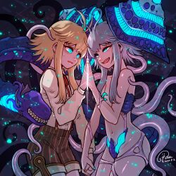 Rule 34 | androgynous, antenna hair, blonde hair, blue eyes, blue nails, character request, commentary request, dated, dragon poker, grey hair, highres, holding hands, navel, orange nails, revealing clothes, sharp teeth, shorts, signature, striped clothes, striped shorts, suparu (detteiu), suspenders, sweatdrop, teeth, tentacles