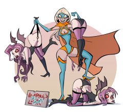 Rule 34 | 4girls, angry, ass, bikini, bikini bottom only, blonde hair, boots, breasts, cape, claws, cleavage, cross-eyed, defeat, dimples, elbow gloves, gloves, hanging wedgie, high heel boots, high heels, humiliation, knee boots, leotard, multiple girls, orange eyes, over shoulder, purple hair, red eyes, sign, smile, sodano, swimsuit, tattoo, thigh boots, thighhighs, unconscious, vampire, victory pose, wedgie, wings