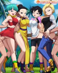 Rule 34 | 4boys, 4girls, android 18, ass, barefoot, black footwear, black gloves, black hair, black shorts, blonde hair, blue eyes, blue sky, blurry, blurry background, boots, breasts, bulma, bush, chi-chi (dragon ball), cleft of venus, closed mouth, clothed female nude male, clothes pull, day, dragon ball, dragonball z, dress, faceless, faceless male, fingerless gloves, from behind, full body, gloves, grass, green hair, hair bun, half-closed eyes, hetero, highres, large breasts, long sleeves, multiple boys, multiple girls, no panties, nude, one eye closed, open mouth, orange socks, outdoors, palm tree, penis, pink shirt, purple footwear, pussy, red dress, red lips, reit, sex, sex from behind, shirt, short sleeves, shorts, shorts pull, sky, sleeveless, smile, socks, standing, tree, videl, white shirt, yellow dress, yellow footwear
