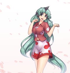 Rule 34 | 1girl, :d, aqua hair, blush, breasts, buttons, collarbone, commentary, cowboy shot, curly hair, dancing, flame print, green eyes, green hair, hater (hatater), head tilt, highres, horns, komano aunn, large breasts, long hair, midriff peek, navel, open mouth, paw pose, petals, red shirt, shirt, short sleeves, shorts, simple background, smile, solo, standing, tareme, thighs, touhou, very long hair, white background, white shorts