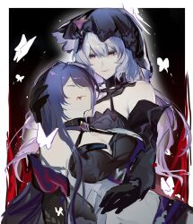 Rule 34 | 2girls, acheron (honkai: star rail), black choker, black gloves, black shorts, black swan (honkai: star rail), blood, blood from mouth, breasts, bug, butterfly, choker, cleavage, closed eyes, coat, coattails, detached sleeves, dress, elbow gloves, gloves, hair over one eye, hand on another&#039;s head, hand on another&#039;s stomach, highres, honkai: star rail, honkai (series), insect, lianqi0326, long hair, looking at another, midriff, multicolored hair, multiple girls, navel, purple dress, purple eyes, purple hair, purple veil, short shorts, shorts, single bare shoulder, stomach, streaked hair, white coat