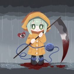 Rule 34 | alternate costume, black eyes, black footwear, blood, blood drip, blood drop, blood stain, bloody weapon, blush, boots, bright pupils, buttons, cloud, cloudy sky, coat, dripping, green eyes, green hair, hair between eyes, heart, heart button, highres, holding, holding scythe, holding weapon, hood, hooded coat, komeiji koishi, long sleeves, looking at viewer, no lineart, pocket, pool of blood, rain, raincoat, scythe, short hair, sky, sleeves past wrists, smile, third eye, touhou, trench coat, weapon, white pupils, yellow coat, yellow hood, zunusama