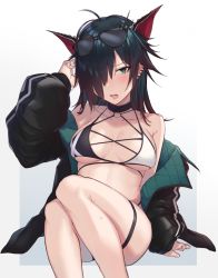 Rule 34 | 1girl, animal ears, antenna hair, bikini, black hair, black jacket, blush, breasts, choker, dragon ears, ear piercing, extra ears, eyewear on head, green eyes, hair over one eye, jacket, large breasts, long hair, long sleeves, looking at viewer, medium breasts, multiple rings, ngtr kaina, o-ring, o-ring bikini, off shoulder, open mouth, piercing, puzzle &amp; dragons, ring, roche (p&amp;d), simple background, sitting, solo, sunglasses, sweat, swimsuit, thigh strap, two-tone background