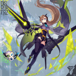 1girl black_footwear black_socks blue_eyes bodysuit braid brown_hair closed_mouth commentary_request covered_navel fighting_stance floating_cape floating_hair from_behind full_body hair_ornament highleg highres long_hair official_alternate_costume official_art phantom_of_the_kill robot second-party_source socks solomon_(phantom_of_the_kill) standing standing_on_one_leg straight-on straight_hair thighhighs to_maru