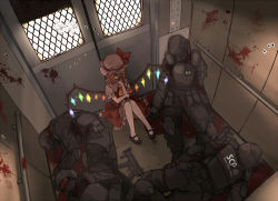 Rule 34 | 1girl, 4boys, armor, assault rifle, blonde hair, blood, bullet hole, crossover, death, elevator, flandre scarlet, full armor, gun, h&amp;k mp5, hat, hat ribbon, heckler &amp; koch, helmet, interior, mary janes, multiple boys, red eyes, ribbon, rifle, scp foundation, shoes, short hair, side ponytail, sitting, skirt, soldier, submachine gun, touhou, uniform, weapon, white legwear, wings, xiao qiang (overseas)