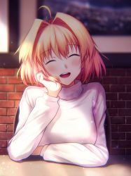 Rule 34 | 1girl, :d, ^ ^, antenna hair, arcueid brunestud, blurry, blush, brick wall, chair, closed eyes, day, depth of field, fal (fal-se-0), hair intakes, hand on own cheek, hand on own face, head tilt, light particles, long sleeves, open mouth, sitting, smile, solo, sunlight, sweater, table, tsukihime, turtleneck, turtleneck sweater, type-moon, upper body, white sweater