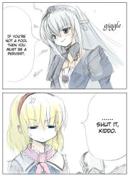 Rule 34 | 00s, 2girls, alice margatroid, anger vein, annoyed, breasts, collarbone, comic, crossover, hard-translated, medium breasts, multiple girls, rozen maiden, seo tatsuya, simple background, sound effects, suigintou, sweat, third-party edit, touhou, translated