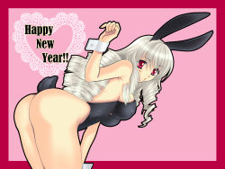 Rule 34 | 10s, 1girl, 2011, animal ears, ass, bare legs, bare shoulders, breasts, drill hair, ehyeh, fake animal ears, heart, highres, large breasts, leaning forward, legs, leotard, lips, long hair, looking at viewer, looking back, new year, original, playboy bunny, rabbit ears, rabbit tail, red eyes, simple background, solo, tail, tareme, thighs, white hair, wrist cuffs