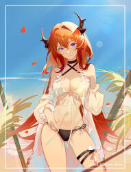 Rule 34 | 1girl, absurdres, arknights, artist name, beach, bikini, black bikini, black choker, black horns, blue sky, breasts, chinese commentary, choker, cleavage, closed mouth, collarbone, commentary request, cowboy shot, criss-cross halter, day, detached sleeves, front-tie bikini top, front-tie top, gluteal fold, hair ornament, halterneck, hand up, highres, horns, lens flare, long hair, long sleeves, looking at viewer, medium breasts, navel, ocean, official alternate costume, outdoors, purple eyes, red hair, side-tie bikini bottom, sky, solo, standing, star (symbol), star hair ornament, surtr (arknights), surtr (colorful wonderland) (arknights), swimsuit, swimsuit cover-up, thigh strap, tianzekongming
