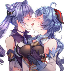 Rule 34 | 2girls, animal ears, bare shoulders, black gloves, blue hair, bow, breasts, cat ears, chinese clothes, closed eyes, french kiss, ganyu (genshin impact), genshin impact, gloves, goat horns, hair bun, hair ornament, highres, horns, keqing (genshin impact), kiss, kokuchuutei, large breasts, multiple girls, purple hair, short sleeves, tongue, tongue out, twintails, yuri