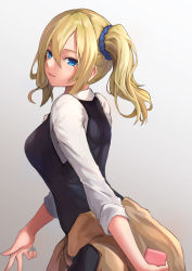 Rule 34 | 1girl, absurdres, blonde hair, blouse, blue eyes, blue scrunchie, blush, breasts, collared shirt, commentary request, from side, grey background, hair between eyes, hair ornament, hair scrunchie, hayasaka ai, highres, kaguya-sama wa kokurasetai ~tensai-tachi no renai zunousen~, large breasts, long hair, long sleeves, looking at viewer, medium breasts, miso (b7669726), nail polish, parted lips, school uniform, scrunchie, shirt, shuuchiin academy school uniform, side ponytail, sidelocks, simple background, solo, white shirt