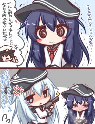 Rule 34 | +++, 1boy, 2girls, 2koma, :o, admiral (kancolle), akatsuki (kancolle), anchor symbol, anger vein, black hair, black headwear, black sailor collar, black skirt, blue eyes, blush, cannon, closed mouth, comic, commentary request, flat cap, flying sweatdrops, glint, hair between eyes, hat, hibiki (kancolle), holding, kantai collection, komakoma (magicaltale), long hair, long sleeves, multiple girls, neckerchief, nose blush, parted lips, peaked cap, peeing, peeing self, pleated skirt, purple eyes, purple hair, red neckerchief, sailor collar, school uniform, serafuku, shaded face, shirt, silver hair, skirt, sparkle, steam, tears, translation request, trembling, very long hair, wavy mouth, white headwear, white shirt