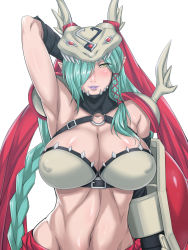 Rule 34 | armor, armpits, braid, breasts, digimon, digimon (creature), green hair, helmet, highres, large breasts, mervamon, muscular, muscular female, nipples, covered erect nipples, nipples visible through clothes, purple lips