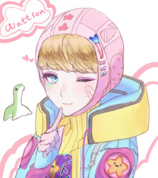 Rule 34 | 1girl, animification, apex legends, blue eyes, blue gloves, blue jacket, bodysuit, character name, cookie cocoa, eyeshadow, finger to mouth, gloves, heart, jacket, kawaii voltage wattson, makeup, nessie (respawn), official alternate costume, one eye closed, pink headwear, portrait, purple eyeshadow, ribbed bodysuit, shushing, sketch, smile, solo, star (symbol), wattson (apex legends), white background, yellow bodysuit