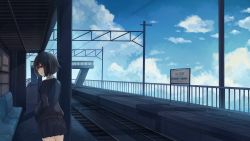 Rule 34 | 1girl, akira (mr akira), black hair, cloud, day, highres, looking back, original, short hair, sky, solo, train station