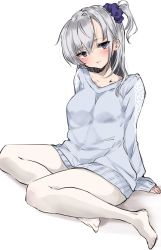 Rule 34 | 1girl, alternate costume, blue sweater, blush, breasts, chigasaki yukari, closed mouth, commentary request, grey eyes, hair between eyes, hair ornament, hair scrunchie, highres, kantai collection, lips, long hair, long sleeves, medium breasts, one side up, pantyhose, scrunchie, silver hair, simple background, sitting, solo, suzutsuki (kancolle), sweater, white background, white pantyhose