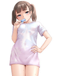 Rule 34 | 1girl, absurdres, blue eyes, blush, female focus, food, hand on own hip, highres, john doe shinobu, legs together, long hair, long shirt, looking at viewer, original, popsicle, simple background, solo, standing, sweat, thighs, twintails, white background