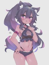 Rule 34 | 1girl, ahoge, animal ear fluff, animal ears, arm belt, armband, bare shoulders, belt, belt buckle, black choker, black collar, blush, borrowed character, breasts, brown kemomimi-chan (krr), buckle, cat ears, choker, cleavage, cleavage cutout, clothing cutout, collar, collarbone, cowboy shot, dark-skinned female, dark skin, dungeon and fighter, eyes visible through hair, fang, gradient background, grey background, hair between eyes, hand on own hip, high ponytail, long hair, looking at viewer, medium breasts, micro shorts, midriff, navel, open mouth, original, pink eyes, ponytail, purple eyes, purple hair, shorts, sidelocks, simple background, solo, stomach, tomcat (moconeko), very long hair