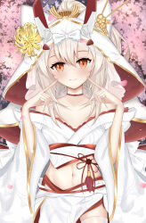 Rule 34 | 1girl, absurdres, ayanami (azur lane), ayanami (demon&#039;s finest dress) (azur lane), azur lane, bare shoulders, blonde hair, blush, coat, commentary request, crop top, dress, fingers to cheeks, floral background, habit, hair between eyes, hands up, headgear, highres, long hair, looking at viewer, midriff, navel, official alternate costume, orange eyes, pointing, pointing at self, ponytail, sethia sgs, skirt, slit pupils, smile, solo, very long hair, wedding dress, white coat, white skirt