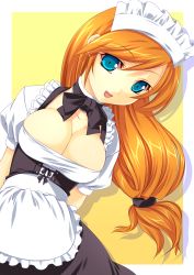 Rule 34 | 1girl, :d, apron, arm behind back, blue eyes, breasts, cleavage, collarbone, female focus, head tilt, highres, kinoshita ichi, large breasts, laughing, long hair, looking at viewer, maid, maid apron, maid headdress, open mouth, orange hair, original, shadow, simple background, smile, solo, standing, uniform