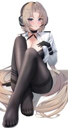 Rule 34 | 1girl, absurdres, azur lane, black choker, black gloves, black pantyhose, blonde hair, blue eyes, blush, bra, breasts, choker, cleavage, collared shirt, eyelashes, gloves, hand on own chest, highres, kronshtadt (azur lane), kronshtadt (begin the rush!) (azur lane), lace, lace-trimmed bra, lace trim, large breasts, long hair, long sleeves, official alternate costume, open clothes, open shirt, pantyhose, parted bangs, shirt, simple background, sitting, solo, thighband pantyhose, toes, underwear, very long hair, white background, white shirt, wynnblue