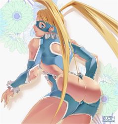 Rule 34 | 1girl, ass, blonde hair, blue eyes, blue leotard, breasts, closed mouth, clothing cutout, leotard, long hair, looking at viewer, mask, osanpogakari, rainbow mika, shoulder cutout, smile, solo, street fighter, street fighter zero (series), twintails, wrestling outfit