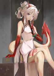 Rule 34 | 1girl, absurdres, arknights, arm support, bad id, bad pixiv id, bare legs, bare shoulders, china dress, chinese clothes, commentary request, crossed legs, dress, feet out of frame, folded fan, folding fan, hand fan, head tilt, highres, holding, holding fan, horns, ichigo (mitusha), looking at viewer, medium hair, nian (arknights), nian (unfettered freedom) (arknights), official alternate costume, parted lips, purple eyes, silver hair, sitting, sleeveless, sleeveless dress, smile, solo, tail, thighs, white dress