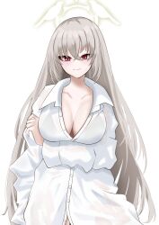 Rule 34 | 1girl, absurdres, bikini, bikini top only, bikini under clothes, black bikini, blue archive, blush, breasts, cleavage, collarbone, commentary request, crossed bangs, grey hair, halo, highres, long hair, looking at viewer, medium breasts, open collar, oversized clothes, oversized shirt, sakurako (blue archive), shirt, simple background, smile, swimsuit, tamica, very long hair, white shirt