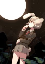 Rule 34 | 1girl, animal ears, arm around waist, bamboo, beige hair, beige skirt, blazer, brown eyes, cloud, collared shirt, finger to face, full moon, jacket, long sleeves, looking up, moon, moonlight, necktie, night, night sky, perspective, rabbit ears, rabbit tail, reisen, shirt, sketch, sky, solo, star (sky), tail, touhou, wind, yetworldview kaze