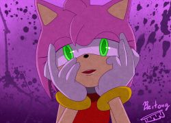 Rule 34 | amy rose, animal nose, blaze-baitong, blood, blood splatter, furry, furry female, gloves, green eyes, hands on own cheeks, hands on own face, looking at viewer, mirai nikki, open mouth, parody, pink hair, ringed eyes, sega, signature, solo, sonic (series), teeth, upper body, yandere trance