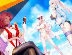 Rule 34 | 3girls, alternate costume, arm under breasts, ass, azur lane, beach, belfast (azur lane), bikini, bird, black bikini, black thighhighs, blue gemstone, blue hair, blue jacket, breasts, chinese commentary, choker, cropped jacket, day, duke of york (azur lane), eyewear on head, from side, gem, gosama, hand on own hip, hand on own chest, highres, huge breasts, illustrious (azur lane), jacket, large breasts, long hair, multiple girls, one-piece swimsuit, open clothes, open jacket, outdoors, parted bangs, purple eyes, purple hair, red choker, red one-piece swimsuit, slingshot swimsuit, standing, sunglasses, swimsuit, thigh strap, thighhighs, very long hair, water, white bikini, white bird