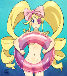 Rule 34 | 10s, 1girl, :p, aqua background, blonde hair, blue eyes, blush, bow, breasts, drill hair, eyepatch, female focus, hair bow, harime nui, heart, innertube, kill la kill, long hair, medium breasts, my pet tentacle monster, navel, nipples, pussy, see-through, solo, standing, swim ring, tongue, tongue out, twin drills, uncensored